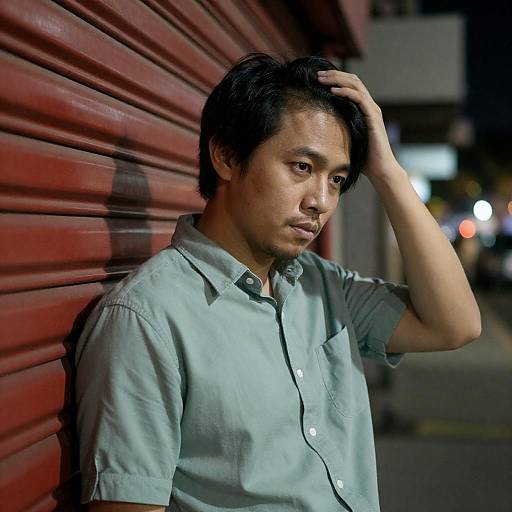 Contemplative East Asian Man at Night