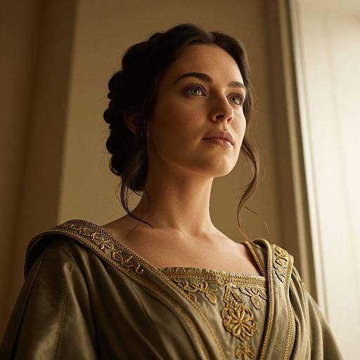 Photograph of a serious-faced woman with dark hair in an updo, wearing an ornate, olive-green medieval-style gown, lit by warm sunlight