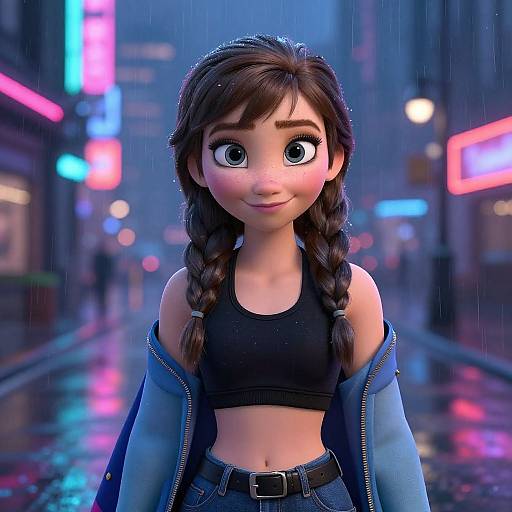 CGI digital art of large-eyed, brunette girl with braids, wearing black sports bra, denim jacket, and jeans, standing in a neon-l