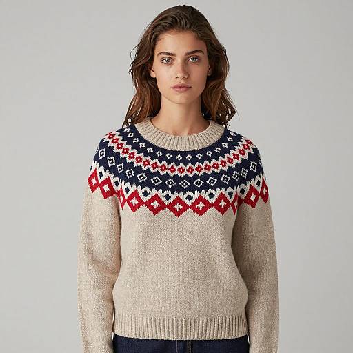 Young Woman in Beige and Navy Patterned Sweater