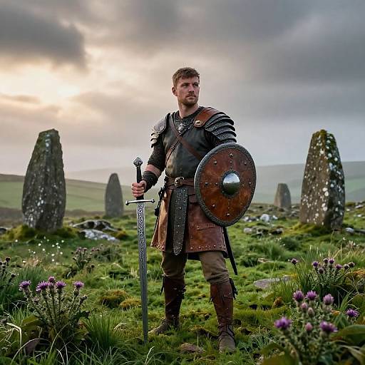 Photograph of a bearded man in medieval armor with sword and shield, standing in a grassy, stone-studded meadow under a cloudy sky