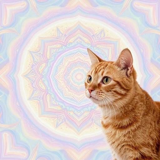 Photograph of an orange tabby cat with green eyes, looking to the right, against a vibrant, swirling blue and white background.