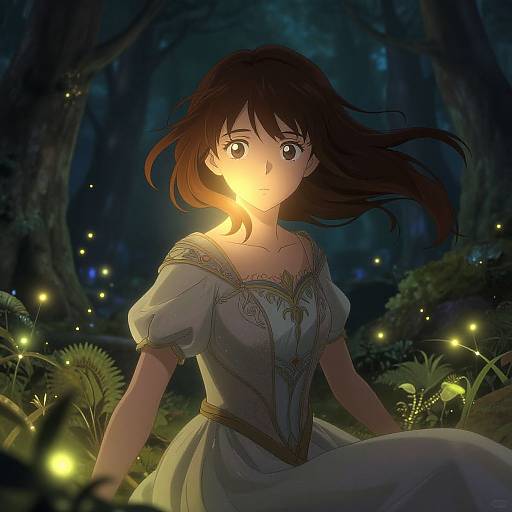 Anime-style digital illustration of a young woman with dark brown hair in a white dress, surrounded by glowing fireflies in a dark, enchanted forest. A