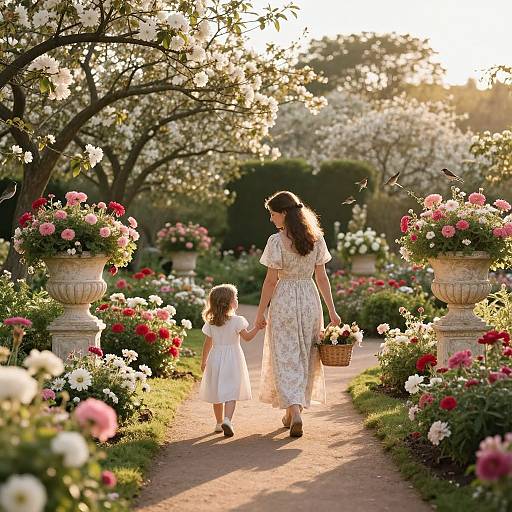 Photograph of a mother and daughter holding hands, walking down a sunlit garden path surrounded by blooming flowers and ornate planters.