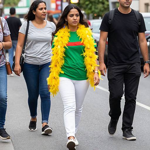 Photograph of a woman in a green shirt, white pants, and yellow feather boa walking on a city street with two people, one in black and