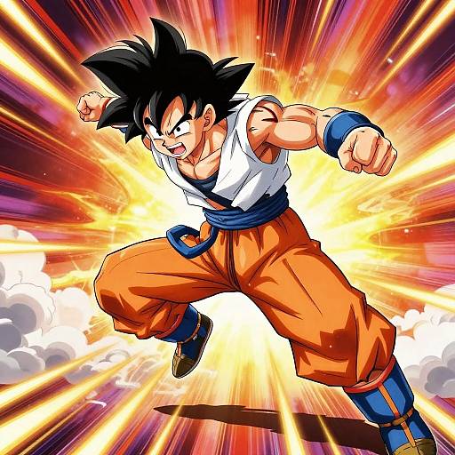 Digital anime-style drawing of Super Saiyan Son Goku, muscular with spiky black hair, orange and blue outfit, fists raised, surrounded by radiant,