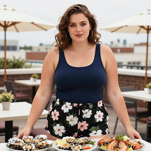 Photograph of a curvy, light-skinned woman with wavy brown hair, wearing a navy tank top and black floral skirt, standing outdoors at