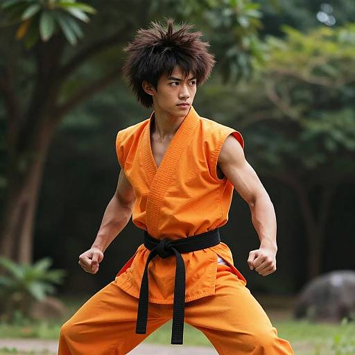 Photograph of a determined young Asian male martial artist with spiky black hair, wearing an orange karate gi and black belt, in a forested