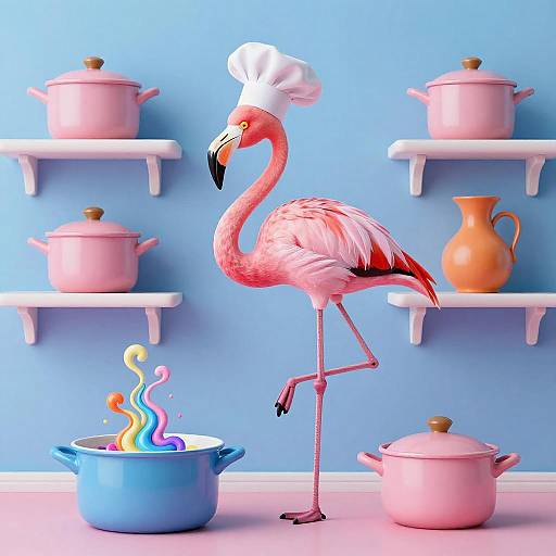 Surreal Flamingo Chef in Colorful Kitchen