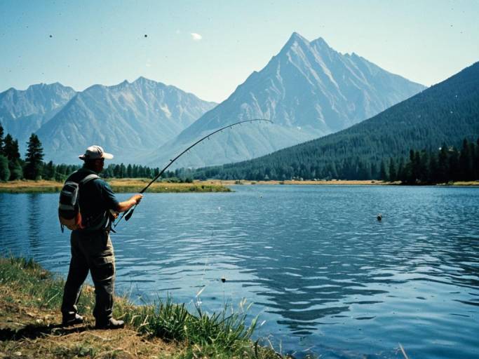 Man Fishing by Mountain Lake