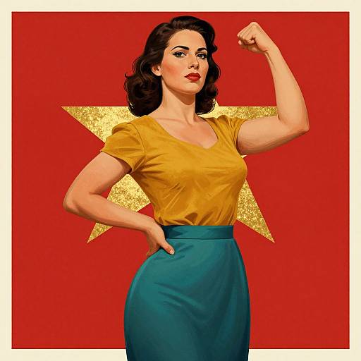 Digital illustration of a confident, curvy woman with dark wavy hair, red lipstick, yellow blouse, teal skirt, flexing arm, and golden