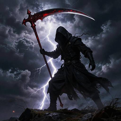 Silhouetted hooded figure wielding a glowing red scythe under a stormy, lightning-filled sky; dark, dramatic, digital art style.