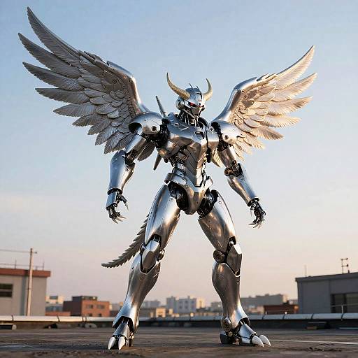 Silver Falcon Mecha Robot on Rooftop