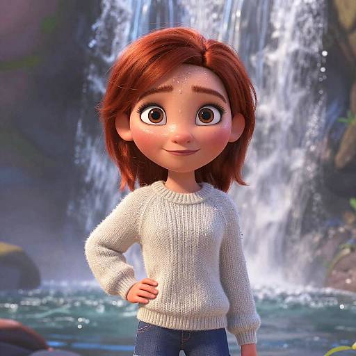 CGI image of a cute, young girl with large brown eyes, red hair, and fair skin, wearing a white sweater and jeans, standing in