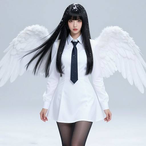 Photograph of an Asian woman with long black hair, white angel wings, white dress, black tie, and black stockings, standing against a bright white