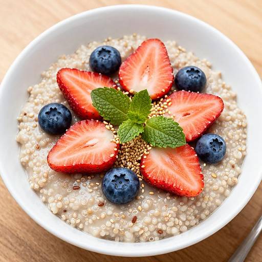 Photograph of a white bowl filled with oatmeal, topped with sliced strawberries, blueberries, mint leaves, and golden sesame seeds.
