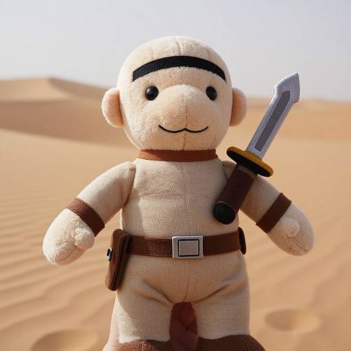 Photograph of a plush toy soldier with black eyebrows, smiling, in beige uniform and brown belt, holding a small sword, standing in a sandy desert