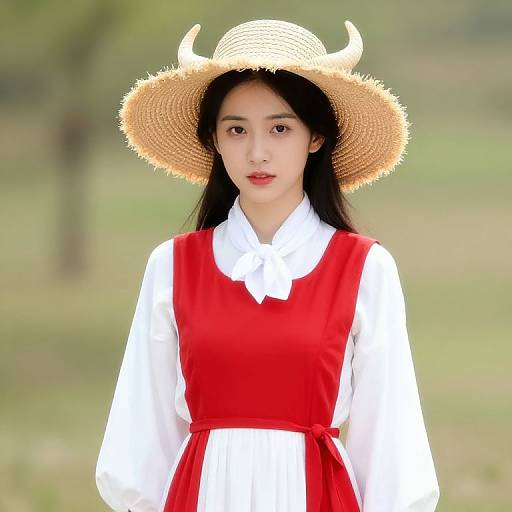 Woman in Red White Dress with Horned Hat