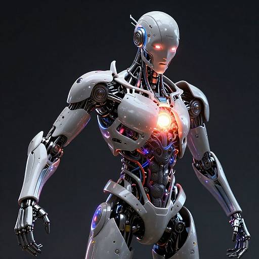 CGI image of a sleek, white, humanoid robot with glowing red eyes, illuminated chest, and intricate mechanical joints, set against a dark blue background