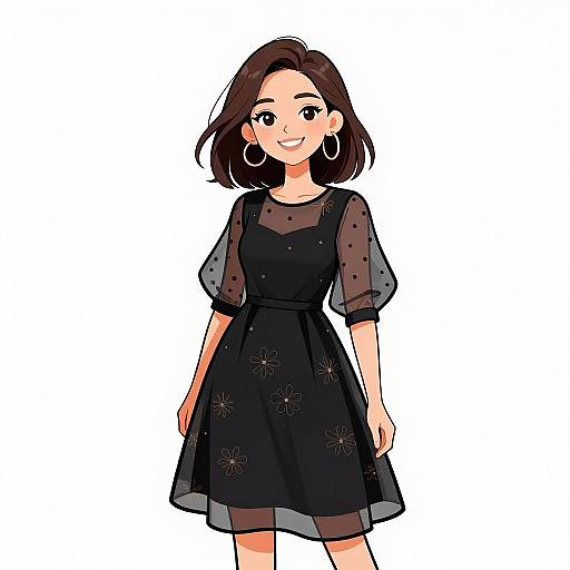 Digital anime-style drawing of a smiling woman with brown hair, wearing a black dress with sheer polka-dot sleeves and floral embroidery, large hoop earrings,