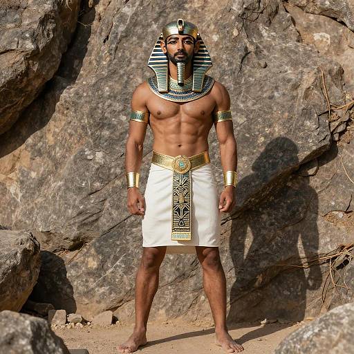 Photograph of a muscular, dark-skinned man in ancient Egyptian attire, including a striped nemes headdress, gold armlets, and white k