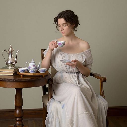 Photograph of a fair-skinned woman with curly dark hair, in an off-shoulder white dress, sipping tea from a blue-patterned