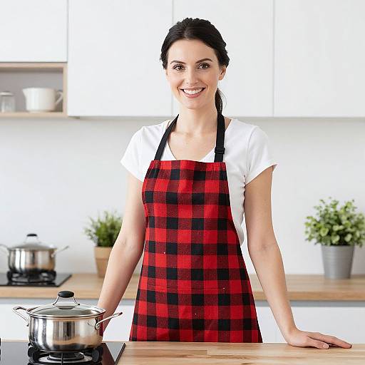 Photograph of a smiling woman with dark hair in a red and black plaid apron, standing in a bright, modern kitchen, holding a silver