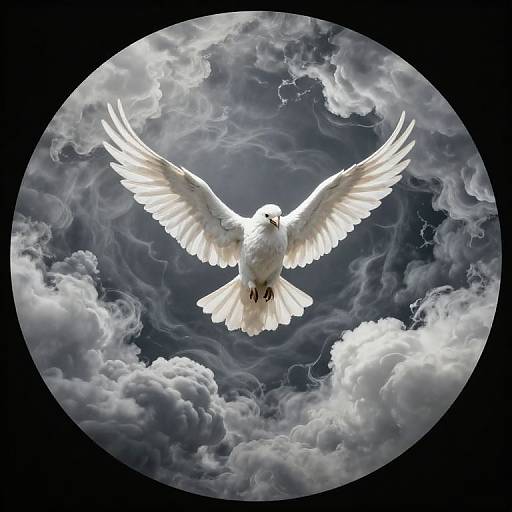Holy White Bird Descending in Clouds