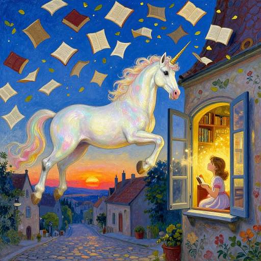 Digital fantasy artwork: a glowing unicorn with a rainbow mane leaps past a cozy, flower-decorated window where a girl reads books under a sunset sky