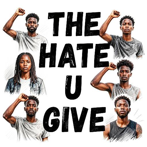 Photograph of six Black men with varied hairstyles, raising fists, wearing grey shirts, against white background with bold 