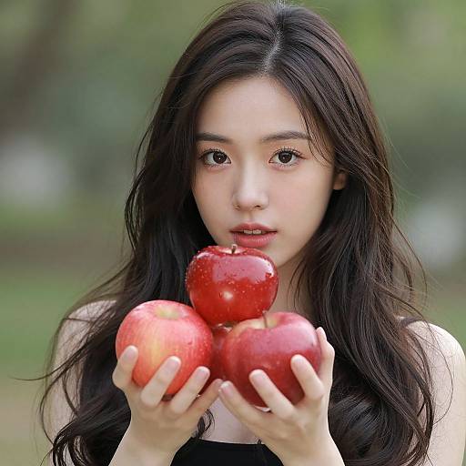 Photograph of an Asian woman with long black hair, holding three shiny red apples close to her face, outdoors with a blurred green background.