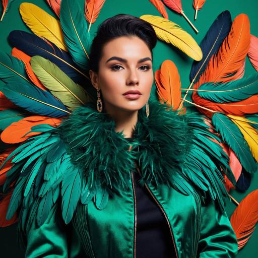 Glamorous Woman in Emerald Feathered Jacket