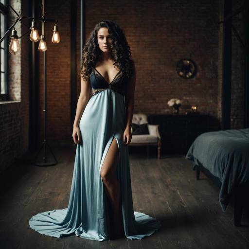 Woman in Long Elegant Nightgown in Urban Loft