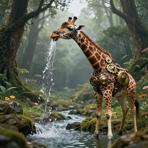 Photorealistic CGI of a giraffe with ornate golden armor, drinking from a forest stream, water splashing, lush greenery, and mist