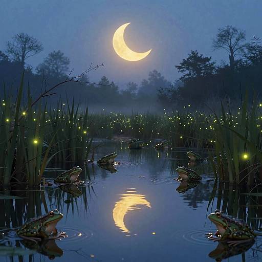 Moonlit swamp at twilight, five frogs with green and brown patterns swimming in reflective water, surrounded by glowing fireflies, silhouetted trees,