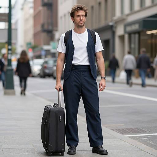 Photograph of a handsome, bearded man with tousled brown hair, wearing a white t-shirt, black vest, and pants, holding a black