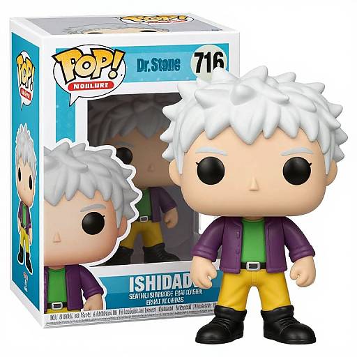Photograph of a Funko Pop! vinyl figure of Dr. Sigmund's character Ishida with white hair, purple jacket, green shirt,