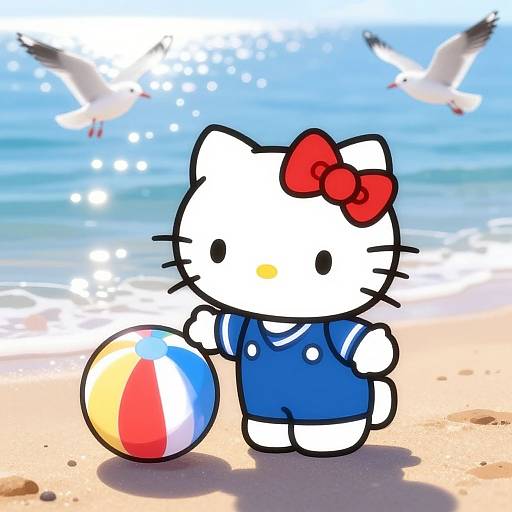Digital illustration of Hello Kitty in a blue sailor outfit, red bow, holding a colorful beach ball on a sunny beach with seagulls flying and sparkling