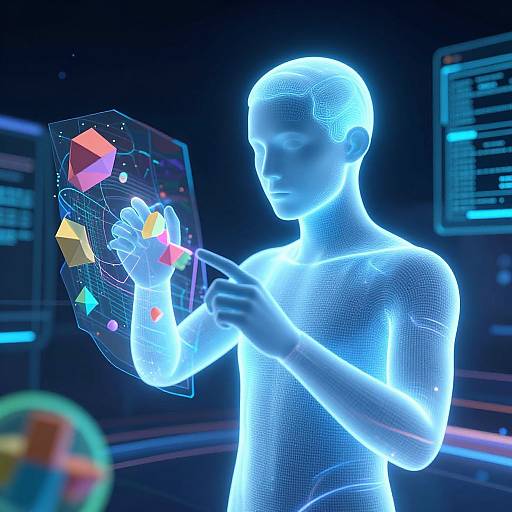 CGI image of a glowing blue, wireframe human figure interacting with colorful, holographic geometric shapes in a futuristic, dark-tech lab.