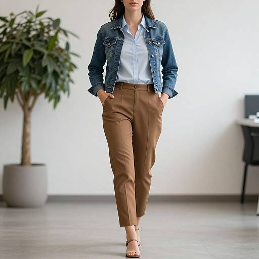 Photograph of a woman in a denim jacket, white shirt, and brown pants, walking indoors with hands in pockets, plant in background.