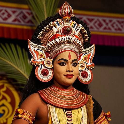 Photograph of an Indian dancer wearing an ornate, red and gold headdress and jewelry, with dark skin and red bindi, against a decorated