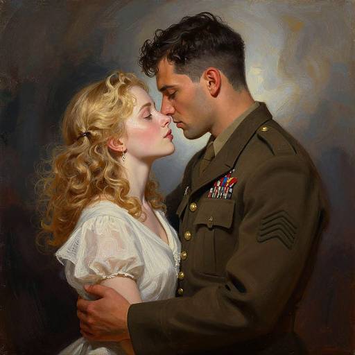 Digital painting of a romantic moment: a curly-haired blonde woman in a white dress kisses a dark-haired man in a military uniform adorned with medals. Warm