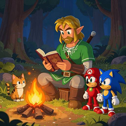 Cartoon scene: Pointy-eared, bearded Link in green tunic reads by campfire, with orange cat, Mario, and Sonic,