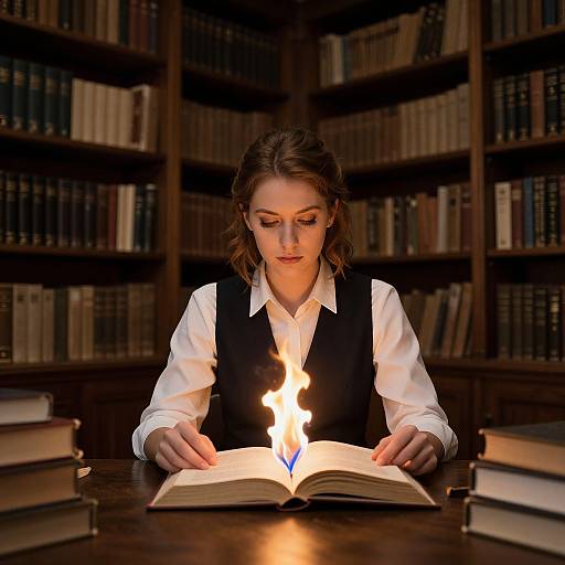 Photograph of a focused young woman with brown hair, in a white shirt and black vest, reading an open book with a small, realistic flame on