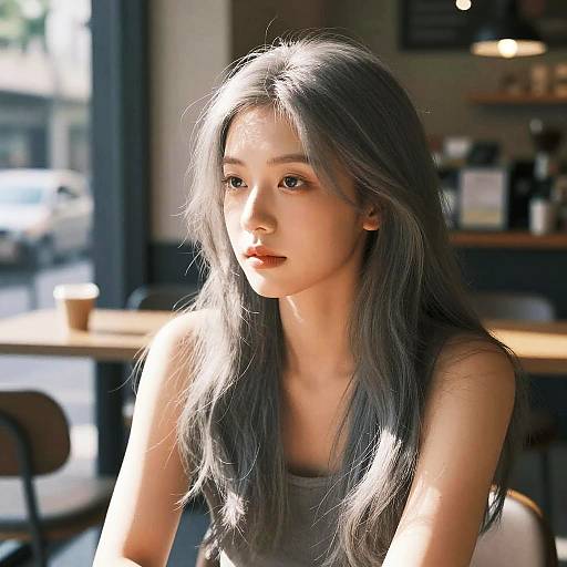 Sunlit Cafe Scene with Silver Hair