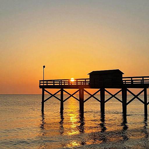 Photograph of a silhouetted pier with a small house at sunset, casting golden reflections on calm water, against a gradient sky from orange to