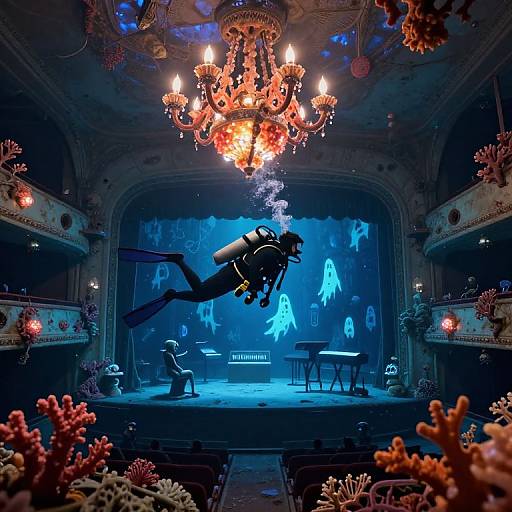 Photograph of a scuba diver in an ornate, dimly-lit theater with a glowing blue backdrop, coral decorations, and a chandelier