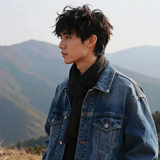 Young Man with Shaggy Haircut in Denim Jacket