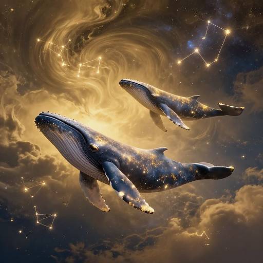 Celestial Whales in Liquid-Gold Sky
