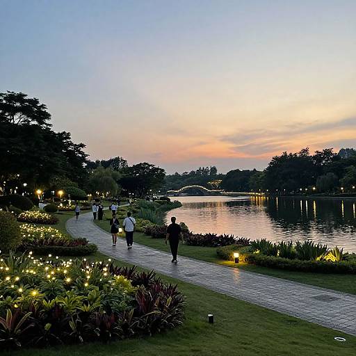 Photograph of a serene evening park with a winding path, illuminated flowers, people walking, and a calm lake reflecting the sunset.